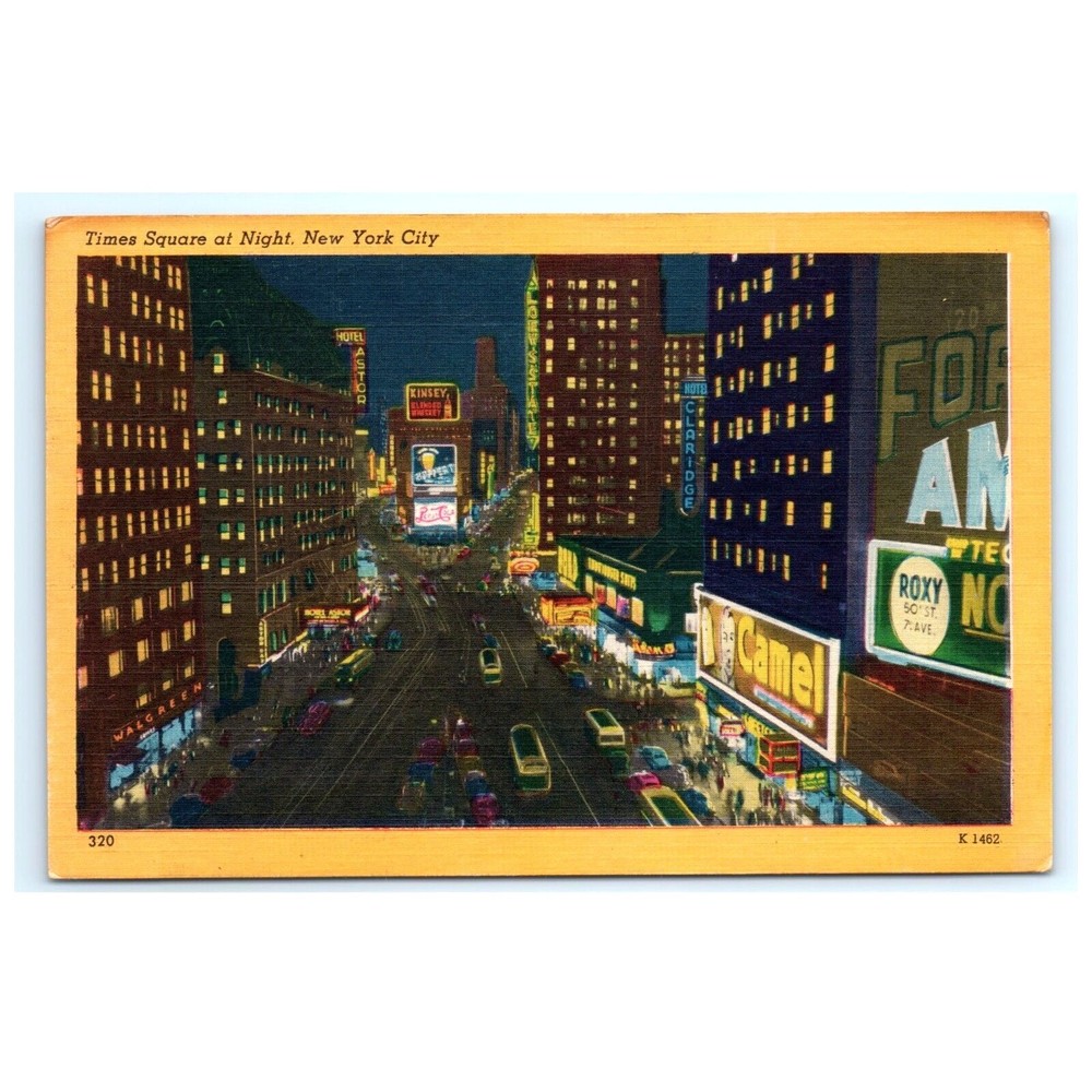 Vintage Postcard Manhattan New York City NY Times Square at Night Skyline Posted
